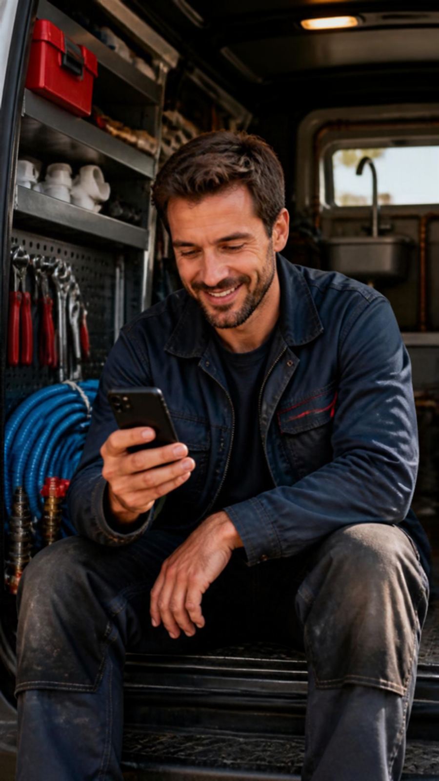 Un artisan dans sa camionnette consulte son téléphone (photo d'illustration, personnage fictif)